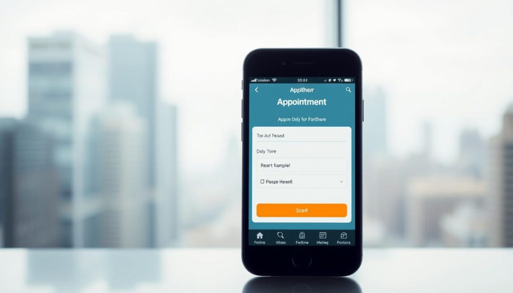 A modern, sleek online appointment booking system with a clean, intuitive interface. A smartphone prominently displayed, showcasing the app's user-friendly design and functionality. The background features a serene, blurred cityscape, suggesting the convenience of accessing the service from anywhere. The color palette is cool and calming, with muted tones of blue, gray, and white, creating a professional and trustworthy atmosphere. The overall composition emphasizes the simplicity and efficiency of the online appointment booking experience. A modern, sleek online appointment booking system with a clean, intuitive interface. A smartphone prominently displayed, showcasing the app's user-friendly design and functionality. The background features a serene, blurred cityscape, suggesting the convenience of accessing the service from anywhere. The color palette is cool and calming, with muted tones of blue, gray, and white, creating a professional and trustworthy atmosphere. The overall composition emphasizes the simplicity and efficiency of the online appointment booking experience.