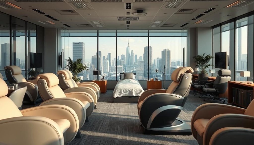 A modern, well-lit office interior with a variety of massage chairs and stations positioned throughout the space. The chairs are sleek and ergonomic, with adjustable features and soothing, muted tones. In the middle ground, a VIP massage area is set up, with plush fabrics, soft lighting, and a sense of privacy and relaxation. The background showcases the cityscape outside, with a view of skyscrapers and the bustling urban environment. The overall atmosphere is one of productivity, rejuvenation, and a perfect blend of professional and personal care. A modern, well-lit office interior with a variety of massage chairs and stations positioned throughout the space. The chairs are sleek and ergonomic, with adjustable features and soothing, muted tones. In the middle ground, a VIP massage area is set up, with plush fabrics, soft lighting, and a sense of privacy and relaxation. The background showcases the cityscape outside, with a view of skyscrapers and the bustling urban environment. The overall atmosphere is one of productivity, rejuvenation, and a perfect blend of professional and personal care.