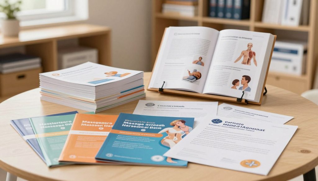 A neatly organized table displaying various educational materials and certifications related to massage therapy. In the foreground, colorful brochures and certification documents spread out, each featuring distinct graphics and titles. The middle layer showcases a stack of textbooks on anatomy, massage techniques, and therapeutic practices, with an open book displaying visual diagrams. The background features a softly blurred classroom setting with shelves of professional training resources. Warm, natural lighting filters through a window, creating an inviting and educational atmosphere. The overall mood is informative and professional, emphasizing the importance of education and certification in the massage therapy field. A neatly organized table displaying various educational materials and certifications related to massage therapy. In the foreground, colorful brochures and certification documents spread out, each featuring distinct graphics and titles. The middle layer showcases a stack of textbooks on anatomy, massage techniques, and therapeutic practices, with an open book displaying visual diagrams. The background features a softly blurred classroom setting with shelves of professional training resources. Warm, natural lighting filters through a window, creating an inviting and educational atmosphere. The overall mood is informative and professional, emphasizing the importance of education and certification in the massage therapy field.