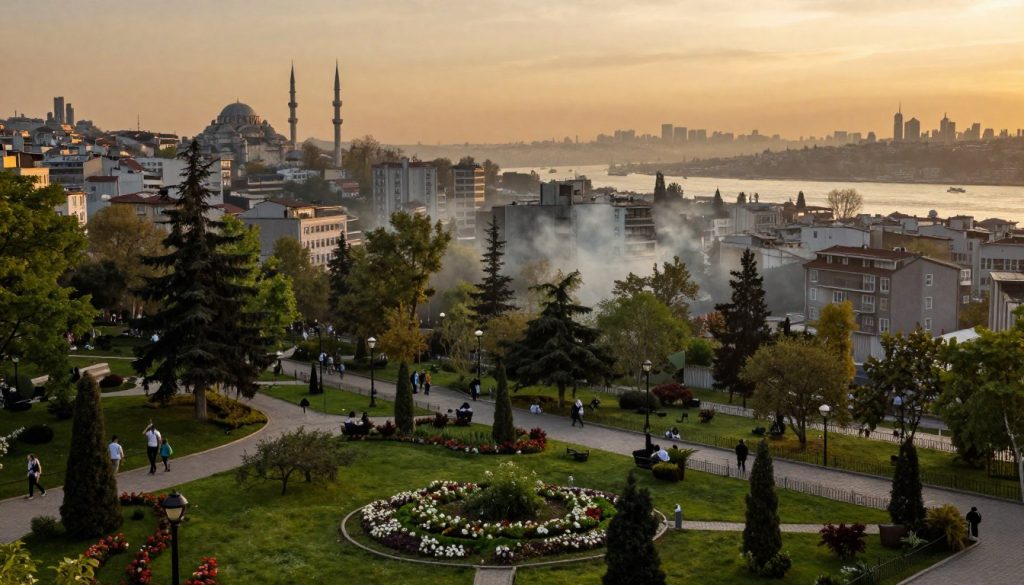 A panoramic view of a bustling urban environment in Istanbul, focusing on contrasting areas of clear and polluted air. In the foreground, a vibrant park with lush greenery and blooming flowers symbolizes clean air and health. In the middle ground, city buildings rise with visible smog hovering around them, illustrating air pollution and heat islands. The background features a hazy skyline, with the Bosphorus Strait shimmering under a warm sunset, casting a golden glow over the landscape. The lighting transitions from warm hues in the park to cooler, muted tones in the polluted areas, creating a somber yet hopeful atmosphere. Emphasize the contrast between nature and urban life to depict the challenges of city living on mental health and well-being. A panoramic view of a bustling urban environment in Istanbul, focusing on contrasting areas of clear and polluted air. In the foreground, a vibrant park with lush greenery and blooming flowers symbolizes clean air and health. In the middle ground, city buildings rise with visible smog hovering around them, illustrating air pollution and heat islands. The background features a hazy skyline, with the Bosphorus Strait shimmering under a warm sunset, casting a golden glow over the landscape. The lighting transitions from warm hues in the park to cooler, muted tones in the polluted areas, creating a somber yet hopeful atmosphere. Emphasize the contrast between nature and urban life to depict the challenges of city living on mental health and well-being.