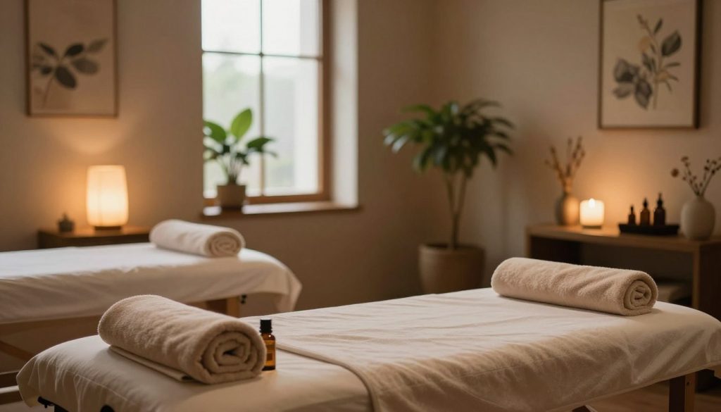 A peaceful and serene massage therapy room, showcasing a warm, inviting ambiance. In the foreground, there is a neatly arranged massage table with soft, plush towels and essential oils in glass bottles, hinting at pre-massage preparations. The middle layer features calming decor: green potted plants, gentle lighting from lamps, and soothing artwork on the walls. The background includes a large window allowing natural light to filter in, casting a soft glow across the room. The atmosphere is tranquil and relaxing, enhanced by subtle shadows creating depth. The overall color palette is warm and earthy, evoking a sense of calm and well-being. The focus is on the peaceful environment conducive to massage therapy, with no humans present in the scene. A peaceful and serene massage therapy room, showcasing a warm, inviting ambiance. In the foreground, there is a neatly arranged massage table with soft, plush towels and essential oils in glass bottles, hinting at pre-massage preparations. The middle layer features calming decor: green potted plants, gentle lighting from lamps, and soothing artwork on the walls. The background includes a large window allowing natural light to filter in, casting a soft glow across the room. The atmosphere is tranquil and relaxing, enhanced by subtle shadows creating depth. The overall color palette is warm and earthy, evoking a sense of calm and well-being. The focus is on the peaceful environment conducive to massage therapy, with no humans present in the scene.