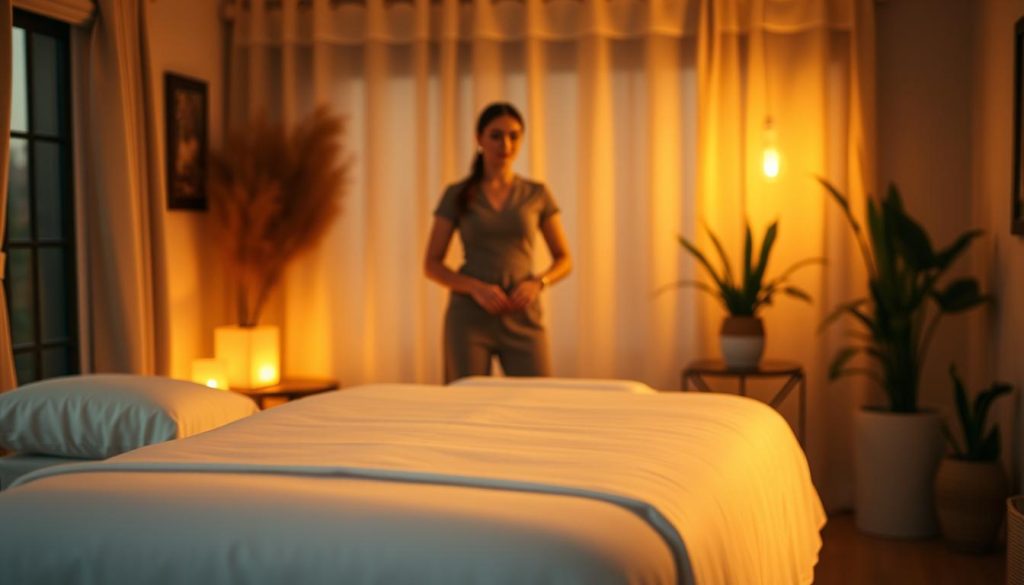 A peaceful, serene scene of a cozy, dimly lit home interior. In the foreground, a massage table is set up, adorned with crisp white linens and soft pillows. The lighting is warm and inviting, casting a gentle glow across the scene. In the middle ground, a skilled masseuse stands ready, dressed in a professional, elegant attire, exuding an aura of expertise and tranquility. The background is filled with soothing, earthy tones, with subtle hints of natural elements like potted plants or soft, drapery, creating a calming, spa-like atmosphere. The overall composition conveys a sense of relaxation, professionalism, and the care and attention provided by the skilled "uzman masaj terapistleri" (expert massage therapists). A peaceful, serene scene of a cozy, dimly lit home interior. In the foreground, a massage table is set up, adorned with crisp white linens and soft pillows. The lighting is warm and inviting, casting a gentle glow across the scene. In the middle ground, a skilled masseuse stands ready, dressed in a professional, elegant attire, exuding an aura of expertise and tranquility. The background is filled with soothing, earthy tones, with subtle hints of natural elements like potted plants or soft, drapery, creating a calming, spa-like atmosphere. The overall composition conveys a sense of relaxation, professionalism, and the care and attention provided by the skilled "uzman masaj terapistleri" (expert massage therapists).