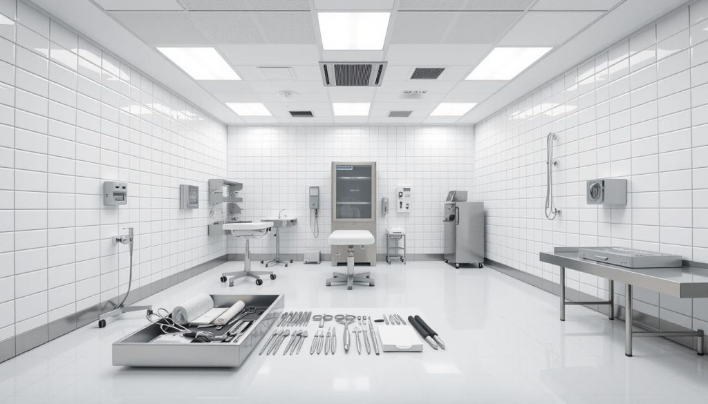 A pristine, brightly lit medical examination room with stainless steel equipment and surfaces. Sterile white tiles cover the floor and walls, creating a sense of clinical cleanliness. The room is illuminated by soft, diffused lighting from overhead fixtures, casting an even glow across the space. In the foreground, a neatly arranged tray holds various single-use medical tools and supplies, symbolizing the importance of hygiene and sanitation. The overall atmosphere evokes a sense of professionalism, order, and attention to detail, reflecting the high standards of cleanliness and safety expected in a professional massage setting. A pristine, brightly lit medical examination room with stainless steel equipment and surfaces. Sterile white tiles cover the floor and walls, creating a sense of clinical cleanliness. The room is illuminated by soft, diffused lighting from overhead fixtures, casting an even glow across the space. In the foreground, a neatly arranged tray holds various single-use medical tools and supplies, symbolizing the importance of hygiene and sanitation. The overall atmosphere evokes a sense of professionalism, order, and attention to detail, reflecting the high standards of cleanliness and safety expected in a professional massage setting.
