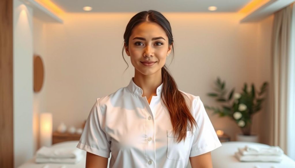 A professional massage therapist stands in a tranquil, softly lit studio. They wear a crisp, white uniform and exude an aura of expertise and serenity. The background features soothing, minimalist decor - natural wood accents, soft lighting, and subtle textures that create a calming, spa-like ambiance. The camera captures the therapist from a mid-range angle, showcasing their confident, attentive posture and the serene, therapeutic environment they have cultivated. This image embodies the essence of a skilled, certified massage professional dedicated to providing a transformative, high-quality service. A professional massage therapist stands in a tranquil, softly lit studio. They wear a crisp, white uniform and exude an aura of expertise and serenity. The background features soothing, minimalist decor - natural wood accents, soft lighting, and subtle textures that create a calming, spa-like ambiance. The camera captures the therapist from a mid-range angle, showcasing their confident, attentive posture and the serene, therapeutic environment they have cultivated. This image embodies the essence of a skilled, certified massage professional dedicated to providing a transformative, high-quality service.