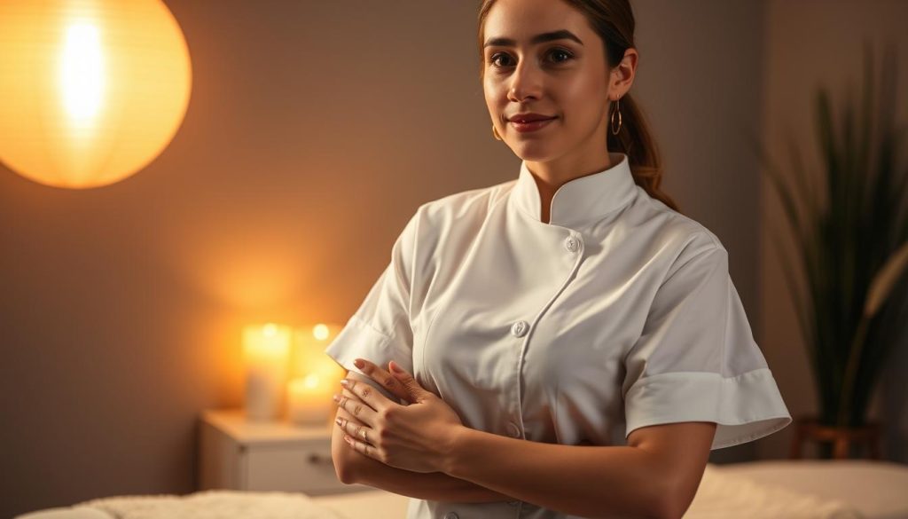 A professional masseuse standing in a tranquil, dimly lit massage studio. The ambient lighting casts a warm, soothing glow, creating an atmosphere of relaxation. The masseuse wears a crisp, white uniform, exuding an aura of professionalism and expertise. Their hands are positioned gracefully, ready to deliver a customized, therapeutic massage. Soft, muted colors in the background suggest a minimalist, elegant decor, free of distractions. The overall scene conveys a sense of trust, care, and the importance of choosing a skilled, certified massage therapist. A professional masseuse standing in a tranquil, dimly lit massage studio. The ambient lighting casts a warm, soothing glow, creating an atmosphere of relaxation. The masseuse wears a crisp, white uniform, exuding an aura of professionalism and expertise. Their hands are positioned gracefully, ready to deliver a customized, therapeutic massage. Soft, muted colors in the background suggest a minimalist, elegant decor, free of distractions. The overall scene conveys a sense of trust, care, and the importance of choosing a skilled, certified massage therapist.