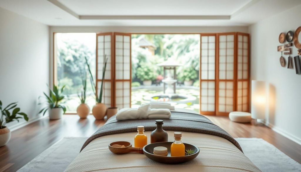A serene Asian-inspired spa interior with soft lighting and natural elements. The foreground features a tranquil massage table with traditional Uzakdoğu massage tools and oils. In the middle ground, potted plants, bamboo, and decorative screens create a soothing, zen-like atmosphere. The background showcases a view of a lush, verdant garden with a koi pond, evoking the calming essence of Uzakdoğu wellness practices. The overall scene conveys a sense of harmony, relaxation, and the holistic benefits of ancient Eastern massage techniques. A serene Asian-inspired spa interior with soft lighting and natural elements. The foreground features a tranquil massage table with traditional Uzakdoğu massage tools and oils. In the middle ground, potted plants, bamboo, and decorative screens create a soothing, zen-like atmosphere. The background showcases a view of a lush, verdant garden with a koi pond, evoking the calming essence of Uzakdoğu wellness practices. The overall scene conveys a sense of harmony, relaxation, and the holistic benefits of ancient Eastern massage techniques.