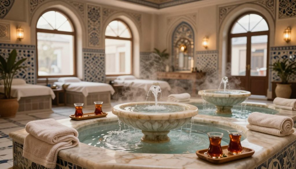 A serene Istanbul spa setting featuring a luxurious hamam experience. In the foreground, intricately designed marble fountains flow gently, surrounded by soft, plush towels and delicate herbal teas on wooden trays. The middle layer showcases an elegant hamam space adorned with ornate tile work, large arched windows letting in soft, warm light. Subtle steam rises in the background, adding to the tranquil atmosphere. The lighting is soft and diffuse, creating a calming ambiance. The overall mood evokes relaxation and rejuvenation, reflecting the essence of a unique spa experience in Istanbul. The composition is inviting, drawing the viewer into this peaceful sanctuary, surrounded by soothing natural elements and warm colors. A serene Istanbul spa setting featuring a luxurious hamam experience. In the foreground, intricately designed marble fountains flow gently, surrounded by soft, plush towels and delicate herbal teas on wooden trays. The middle layer showcases an elegant hamam space adorned with ornate tile work, large arched windows letting in soft, warm light. Subtle steam rises in the background, adding to the tranquil atmosphere. The lighting is soft and diffuse, creating a calming ambiance. The overall mood evokes relaxation and rejuvenation, reflecting the essence of a unique spa experience in Istanbul. The composition is inviting, drawing the viewer into this peaceful sanctuary, surrounded by soothing natural elements and warm colors.