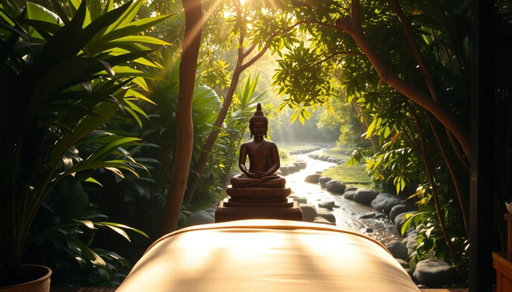 A serene Thai massage and reflexology spa nestled in a lush, tropical setting. Sunlight filters through the canopy of verdant foliage, casting a warm, golden glow. In the foreground, a massage table is adorned with plush linens, inviting the viewer to experience the soothing touch of traditional Thai techniques. In the middle ground, an ornate wooden statue of Buddha presides over the tranquil scene, radiating a sense of peace and balance. The background features a meandering stream, its gentle murmurs adding to the calming ambiance. The overall atmosphere evokes a harmonious blend of natural elements and ancient healing practices, transporting the viewer to a realm of holistic well-being. A serene Thai massage and reflexology spa nestled in a lush, tropical setting. Sunlight filters through the canopy of verdant foliage, casting a warm, golden glow. In the foreground, a massage table is adorned with plush linens, inviting the viewer to experience the soothing touch of traditional Thai techniques. In the middle ground, an ornate wooden statue of Buddha presides over the tranquil scene, radiating a sense of peace and balance. The background features a meandering stream, its gentle murmurs adding to the calming ambiance. The overall atmosphere evokes a harmonious blend of natural elements and ancient healing practices, transporting the viewer to a realm of holistic well-being.