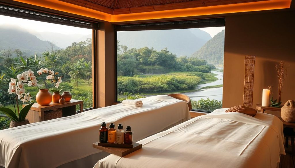 A serene Thai massage studio, bathed in warm, soft lighting. Plush, ergonomic massage tables await, adorned with crisp white linens. Delicate orchids and bamboo accents adorn the space, creating a tranquil, rejuvenating atmosphere. In the foreground, a skilled Thai masseuse, dressed in traditional garb, carefully applies long, soothing strokes with expertly trained hands. The middle ground features a selection of premium massage oils and aromatic incense, enhancing the sensory experience. In the background, a serene landscape with lush, verdant foliage and a flowing river, evoking the natural beauty of Thailand. The overall scene conveys a sense of relaxation, wellness, and the artistry of traditional Thai massage. A serene Thai massage studio, bathed in warm, soft lighting. Plush, ergonomic massage tables await, adorned with crisp white linens. Delicate orchids and bamboo accents adorn the space, creating a tranquil, rejuvenating atmosphere. In the foreground, a skilled Thai masseuse, dressed in traditional garb, carefully applies long, soothing strokes with expertly trained hands. The middle ground features a selection of premium massage oils and aromatic incense, enhancing the sensory experience. In the background, a serene landscape with lush, verdant foliage and a flowing river, evoking the natural beauty of Thailand. The overall scene conveys a sense of relaxation, wellness, and the artistry of traditional Thai massage.
