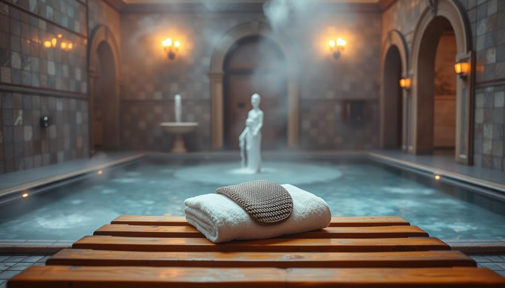 A serene Turkish bath scene set in a traditional Istanbul massage salon. Soft, warm lighting illuminates the steamy, tiled interior, where a wooden slatted bench occupies the foreground. Atop the bench, plush white towels and a kese, a coarse exfoliating mitt, await a relaxing, time-honored kese köpük (scrub and foam) massage treatment. In the middle ground, ornate fountains and elegant arched doorways hint at the salon's historic architecture. The background fades into a hazy, atmospheric mist, creating a tranquil, immersive ambiance that evokes the cultural heritage of this unique Istanbul experience. A serene Turkish bath scene set in a traditional Istanbul massage salon. Soft, warm lighting illuminates the steamy, tiled interior, where a wooden slatted bench occupies the foreground. Atop the bench, plush white towels and a kese, a coarse exfoliating mitt, await a relaxing, time-honored kese köpük (scrub and foam) massage treatment. In the middle ground, ornate fountains and elegant arched doorways hint at the salon's historic architecture. The background fades into a hazy, atmospheric mist, creating a tranquil, immersive ambiance that evokes the cultural heritage of this unique Istanbul experience.