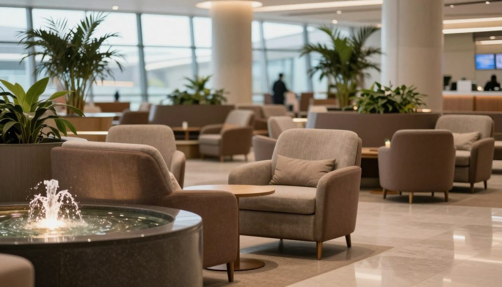 A serene airport terminal relaxation area featuring comfortable seating with plush armchairs and soft cushions, arranged around soothing water fountains with gentle streams. The interior has large windows allowing natural light to fill the space, creating an inviting atmosphere. In the background, soft green plants are dotted around for a touch of nature, enhancing the calm environment. The lighting is warm and ambient, casting a cozy glow over the scene. The floor is sleek with polished tiles, reflecting the elegance of the surroundings. Overall, the image should convey tranquility, providing a perfect spot for weary travelers to unwind amidst a bustling airport ambiance. A serene airport terminal relaxation area featuring comfortable seating with plush armchairs and soft cushions, arranged around soothing water fountains with gentle streams. The interior has large windows allowing natural light to fill the space, creating an inviting atmosphere. In the background, soft green plants are dotted around for a touch of nature, enhancing the calm environment. The lighting is warm and ambient, casting a cozy glow over the scene. The floor is sleek with polished tiles, reflecting the elegance of the surroundings. Overall, the image should convey tranquility, providing a perfect spot for weary travelers to unwind amidst a bustling airport ambiance.