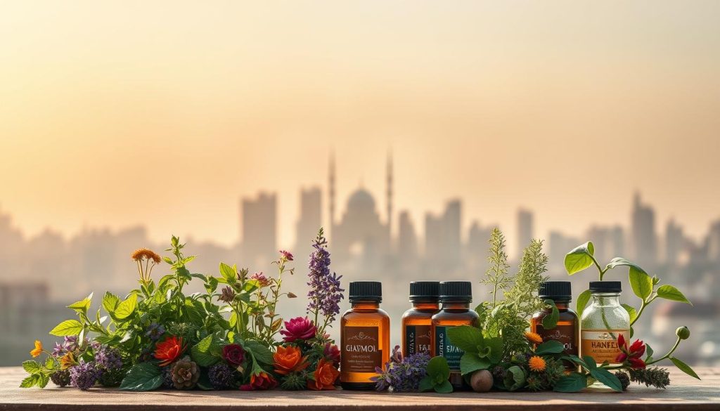 A serene and calming composition illustrating the concept of recognizing stress symptoms in an urban context. In the foreground, include a variety of colorful herbal plants and essential oils neatly arranged, symbolizing natural stress relief. The middle ground should feature the silhouette of an abstract city skyline, representing Istanbul, with soft, flowing lines to convey rhythm and movement. The background should consist of a subtle gradient of warm dawn colors, evoking a sense of tranquility. The lighting should be soft and diffused, casting gentle shadows to enhance the overall peaceful atmosphere. Aim for a dreamy and harmonious mood, reflecting the idea of managing stress through natural methods. A serene and calming composition illustrating the concept of recognizing stress symptoms in an urban context. In the foreground, include a variety of colorful herbal plants and essential oils neatly arranged, symbolizing natural stress relief. The middle ground should feature the silhouette of an abstract city skyline, representing Istanbul, with soft, flowing lines to convey rhythm and movement. The background should consist of a subtle gradient of warm dawn colors, evoking a sense of tranquility. The lighting should be soft and diffused, casting gentle shadows to enhance the overall peaceful atmosphere. Aim for a dreamy and harmonious mood, reflecting the idea of managing stress through natural methods.