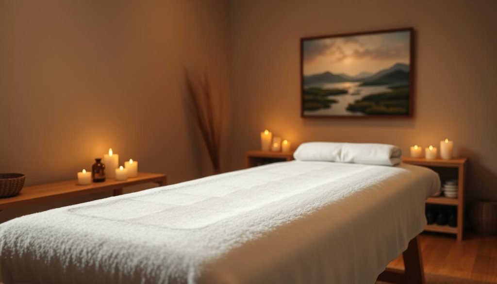 A serene and calming massage therapy scene, set in a cozy, dimly-lit room. Soft, warm lighting casts a soothing glow, creating an atmosphere of relaxation. In the foreground, a sleek, wooden massage table takes center stage, draped with a plush, white towel. Nearby, an array of essential oils and aromatherapy candles emit a gentle, calming fragrance. In the background, a tranquil landscape painting hangs on the wall, adding to the tranquil ambiance. The overall mood is one of harmony, balance, and the promise of a rejuvenating massage experience. A serene and calming massage therapy scene, set in a cozy, dimly-lit room. Soft, warm lighting casts a soothing glow, creating an atmosphere of relaxation. In the foreground, a sleek, wooden massage table takes center stage, draped with a plush, white towel. Nearby, an array of essential oils and aromatherapy candles emit a gentle, calming fragrance. In the background, a tranquil landscape painting hangs on the wall, adding to the tranquil ambiance. The overall mood is one of harmony, balance, and the promise of a rejuvenating massage experience.