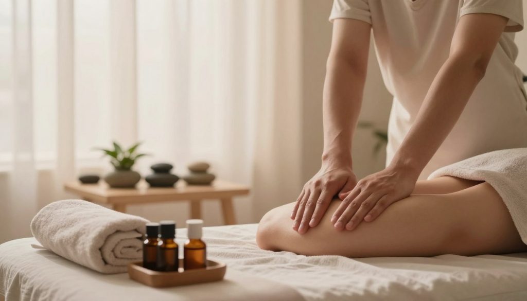 A serene and calming scene depicting the physical and mental effects of massage therapy. In the foreground, a tranquil massage room features subtle accents like soft towels, essential oil bottles, and a massage table neatly prepared. In the middle ground, a soothing arrangement of stones and plants enhances the relaxing atmosphere. The background shows soft, diffused lighting coming through gently drawn sheer curtains, creating a warm and inviting glow. The overall color palette consists of soft earth tones and pastel hues, promoting a sense of peace and relaxation. The mood conveys a sense of tranquility, balance, and serenity, emphasizing the holistic benefits of massage therapy without any human presence or text elements. A serene and calming scene depicting the physical and mental effects of massage therapy. In the foreground, a tranquil massage room features subtle accents like soft towels, essential oil bottles, and a massage table neatly prepared. In the middle ground, a soothing arrangement of stones and plants enhances the relaxing atmosphere. The background shows soft, diffused lighting coming through gently drawn sheer curtains, creating a warm and inviting glow. The overall color palette consists of soft earth tones and pastel hues, promoting a sense of peace and relaxation. The mood conveys a sense of tranquility, balance, and serenity, emphasizing the holistic benefits of massage therapy without any human presence or text elements.