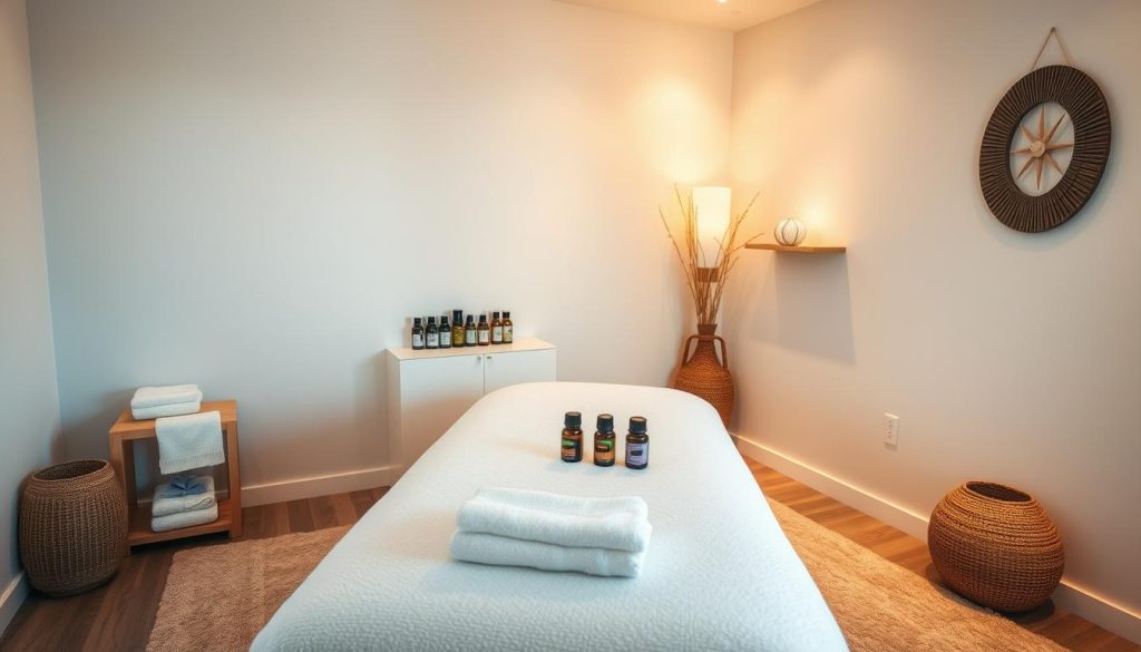 A serene and calming scene of a massage therapy room, with soft lighting illuminating the space. The room is adorned with soothing neutral tones, with a plush massage table in the center, surrounded by essential oils, towels, and other massage accessories. The atmosphere exudes a sense of tranquility and relaxation, inviting the viewer to imagine the rejuvenating experience of a pre-massage preparation ritual. The camera angle is slightly elevated, providing a comprehensive view of the well-organized and inviting space, ready to welcome the client for a rejuvenating massage session. A serene and calming scene of a massage therapy room, with soft lighting illuminating the space. The room is adorned with soothing neutral tones, with a plush massage table in the center, surrounded by essential oils, towels, and other massage accessories. The atmosphere exudes a sense of tranquility and relaxation, inviting the viewer to imagine the rejuvenating experience of a pre-massage preparation ritual. The camera angle is slightly elevated, providing a comprehensive view of the well-organized and inviting space, ready to welcome the client for a rejuvenating massage session.