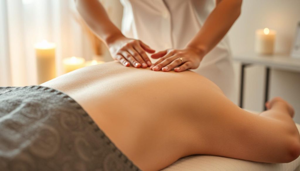 A serene and calming scene of a professional massage therapist's hands gently guiding the flow of lymphatic drainage on a relaxed client's back. Soft lighting illuminates the soothing motion of the massage, with a peaceful and tranquil atmosphere. The therapist's skilled fingers glide effortlessly, promoting healthy circulation and supporting the body's natural cleansing processes. The treatment takes place on a high-quality massage table, set against a minimalist, yet elegant backdrop, creating an immersive and rejuvenating experience. A serene and calming scene of a professional massage therapist's hands gently guiding the flow of lymphatic drainage on a relaxed client's back. Soft lighting illuminates the soothing motion of the massage, with a peaceful and tranquil atmosphere. The therapist's skilled fingers glide effortlessly, promoting healthy circulation and supporting the body's natural cleansing processes. The treatment takes place on a high-quality massage table, set against a minimalist, yet elegant backdrop, creating an immersive and rejuvenating experience.
