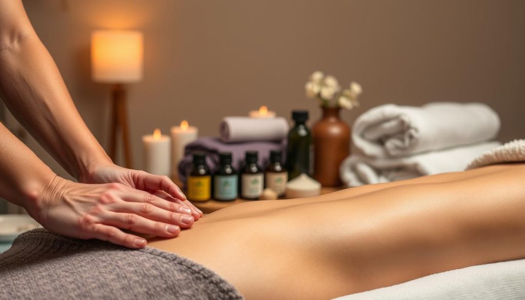 A serene and calming scene showcasing various massage techniques. In the foreground, delicate hands gently kneading and manipulating smooth, supple skin. The middle ground features an array of essential oils, towels, and other massage tools arranged in an aesthetically pleasing manner. In the background, a tranquil, dimly lit environment with soft, warm lighting creates an atmosphere of relaxation and rejuvenation. The image conveys the expertise and expertise of skilled massage therapists, capturing the essence of effective massage techniques. A serene and calming scene showcasing various massage techniques. In the foreground, delicate hands gently kneading and manipulating smooth, supple skin. The middle ground features an array of essential oils, towels, and other massage tools arranged in an aesthetically pleasing manner. In the background, a tranquil, dimly lit environment with soft, warm lighting creates an atmosphere of relaxation and rejuvenation. The image conveys the expertise and expertise of skilled massage therapists, capturing the essence of effective massage techniques.