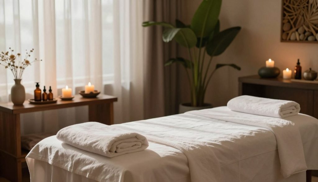 A serene and calming spa environment featuring a cozy massage setting. In the foreground, a beautifully arranged massage table draped in soft, white linens, with soothing aromatherapy oils and candles on a nearby wooden shelf. In the middle ground, a tranquil ambiance created by soft, natural light filtering through sheer curtains, casting gentle shadows across the room. The background includes lush green plants and decorative stones, enhancing the peaceful atmosphere. The overall color palette should be warm and inviting, with earthy tones. The focus is on illustrating the benefits of a quick, refreshing massage session, conveying a sense of relaxation and rejuvenation. The composition is balanced, capturing the essence of self-care in a spa-like retreat. A serene and calming spa environment featuring a cozy massage setting. In the foreground, a beautifully arranged massage table draped in soft, white linens, with soothing aromatherapy oils and candles on a nearby wooden shelf. In the middle ground, a tranquil ambiance created by soft, natural light filtering through sheer curtains, casting gentle shadows across the room. The background includes lush green plants and decorative stones, enhancing the peaceful atmosphere. The overall color palette should be warm and inviting, with earthy tones. The focus is on illustrating the benefits of a quick, refreshing massage session, conveying a sense of relaxation and rejuvenation. The composition is balanced, capturing the essence of self-care in a spa-like retreat.