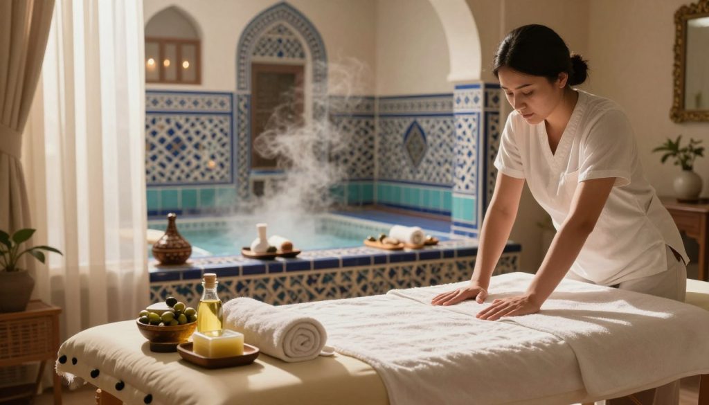 A serene and contrasting scene illustrating the differences between home massage and traditional hamam massage. In the foreground, a cozy, softly lit living room setting with massage oils, towels, and a comfortable massage table. The atmosphere should feel warm and inviting, with gentle, diffuse sunlight filtering through sheer curtains. In the middle ground, depict a vibrant and lush hamam featuring intricate tile work, steamy ambiance, and traditional massage tools like wooden sandals and olive oil soap. The background should evoke a sense of tranquility, with elegant arches and soft lighting that suggests a calming environment. Ensure that no humans are present, focusing instead on the settings and objects that represent each type of massage experience. A serene and contrasting scene illustrating the differences between home massage and traditional hamam massage. In the foreground, a cozy, softly lit living room setting with massage oils, towels, and a comfortable massage table. The atmosphere should feel warm and inviting, with gentle, diffuse sunlight filtering through sheer curtains. In the middle ground, depict a vibrant and lush hamam featuring intricate tile work, steamy ambiance, and traditional massage tools like wooden sandals and olive oil soap. The background should evoke a sense of tranquility, with elegant arches and soft lighting that suggests a calming environment. Ensure that no humans are present, focusing instead on the settings and objects that represent each type of massage experience.