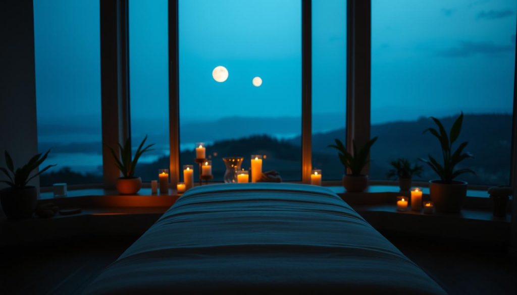 A serene and dimly lit spa-like setting, with soft ambient lighting casting a warm glow. In the foreground, a plush massage table, neatly made with crisp, white linens. Surrounding the table, an arrangement of tranquil elements such as candles, potted plants, and natural stones. In the middle ground, a large window overlooking a peaceful, moonlit landscape, creating a calming, therapeutic atmosphere. The overall mood is one of relaxation, comfort, and a sense of escape from the stresses of the day. A serene and dimly lit spa-like setting, with soft ambient lighting casting a warm glow. In the foreground, a plush massage table, neatly made with crisp, white linens. Surrounding the table, an arrangement of tranquil elements such as candles, potted plants, and natural stones. In the middle ground, a large window overlooking a peaceful, moonlit landscape, creating a calming, therapeutic atmosphere. The overall mood is one of relaxation, comfort, and a sense of escape from the stresses of the day.