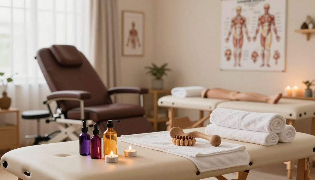 A serene and educational environment depicting a diverse group of professional massage therapy tools and equipment arranged on a wooden massage table. In the foreground, vibrant oils, relaxing candles, and soft towels are neatly organized, suggesting a tranquil atmosphere. The middle ground features a massage chair and anatomical charts displaying human anatomy and muscle groups, illustrating the educational aspect of massage therapy. In the background, a well-lit room with warm colors and calming artwork enhances the feeling of relaxation and professionalism. Soft, diffused natural lighting filters through a window, creating a peaceful ambiance. The overall composition conveys a sense of professionalism and tranquility, perfect for illustrating the topic of massage therapy education. A serene and educational environment depicting a diverse group of professional massage therapy tools and equipment arranged on a wooden massage table. In the foreground, vibrant oils, relaxing candles, and soft towels are neatly organized, suggesting a tranquil atmosphere. The middle ground features a massage chair and anatomical charts displaying human anatomy and muscle groups, illustrating the educational aspect of massage therapy. In the background, a well-lit room with warm colors and calming artwork enhances the feeling of relaxation and professionalism. Soft, diffused natural lighting filters through a window, creating a peaceful ambiance. The overall composition conveys a sense of professionalism and tranquility, perfect for illustrating the topic of massage therapy education.