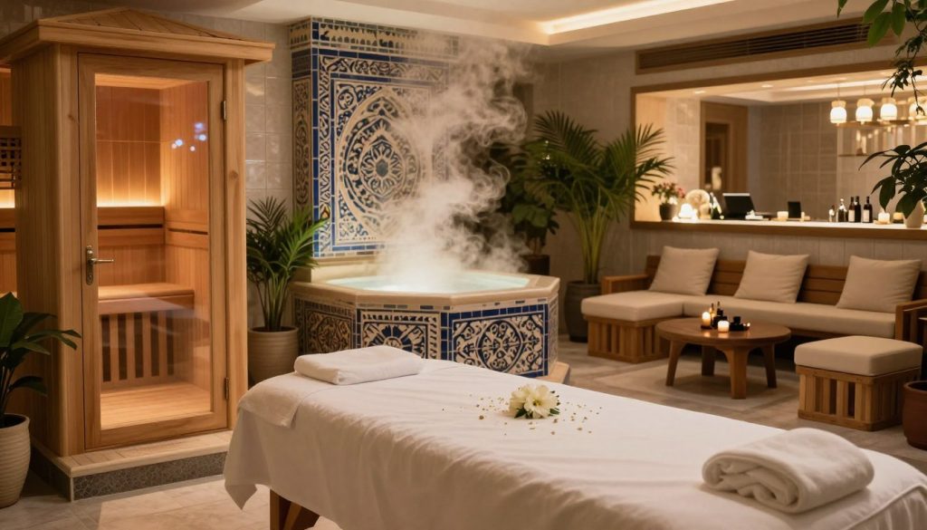 A serene and elegant Istanbul spa scene, showcasing various elements of luxury and relaxation. In the foreground, a beautifully arranged massage table adorned with soft, white linens and delicate floral arrangements. The middle features a traditional Turkish hammam with intricate tile work, steam rising gently in the air, and ambient lighting creating a warm glow. On one side, a wooden sauna with a glass door, steam subtly visible inside, while on the other, a tranquil sauna area lined with plush lounge chairs and refreshments. The background depicts a softly lit spa reception area with calming greenery, evoking a sense of peace and tranquility. The overall atmosphere is inviting and rejuvenating, perfect for highlighting the variations in spa standards in Istanbul. A serene and elegant Istanbul spa scene, showcasing various elements of luxury and relaxation. In the foreground, a beautifully arranged massage table adorned with soft, white linens and delicate floral arrangements. The middle features a traditional Turkish hammam with intricate tile work, steam rising gently in the air, and ambient lighting creating a warm glow. On one side, a wooden sauna with a glass door, steam subtly visible inside, while on the other, a tranquil sauna area lined with plush lounge chairs and refreshments. The background depicts a softly lit spa reception area with calming greenery, evoking a sense of peace and tranquility. The overall atmosphere is inviting and rejuvenating, perfect for highlighting the variations in spa standards in Istanbul.