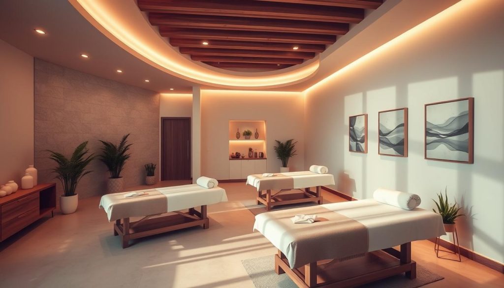 A serene and elegant interior of a modern massage center on the Anatolian side of Istanbul. The space features warm lighting, soothing pastel tones, and natural elements like wood and stone. Plush massage tables are positioned throughout the tranquil setting, surrounded by potted plants and calming artwork on the walls. The atmosphere evokes a sense of relaxation and rejuvenation, inviting visitors to indulge in a professional and restorative massage experience. High-quality materials and minimalist design create an upscale, yet inviting ambiance. Soft shadows and highlights accentuate the clean, sophisticated aesthetic of the Anadolu Yakası Masaj Merkezi. A serene and elegant interior of a modern massage center on the Anatolian side of Istanbul. The space features warm lighting, soothing pastel tones, and natural elements like wood and stone. Plush massage tables are positioned throughout the tranquil setting, surrounded by potted plants and calming artwork on the walls. The atmosphere evokes a sense of relaxation and rejuvenation, inviting visitors to indulge in a professional and restorative massage experience. High-quality materials and minimalist design create an upscale, yet inviting ambiance. Soft shadows and highlights accentuate the clean, sophisticated aesthetic of the Anadolu Yakası Masaj Merkezi.