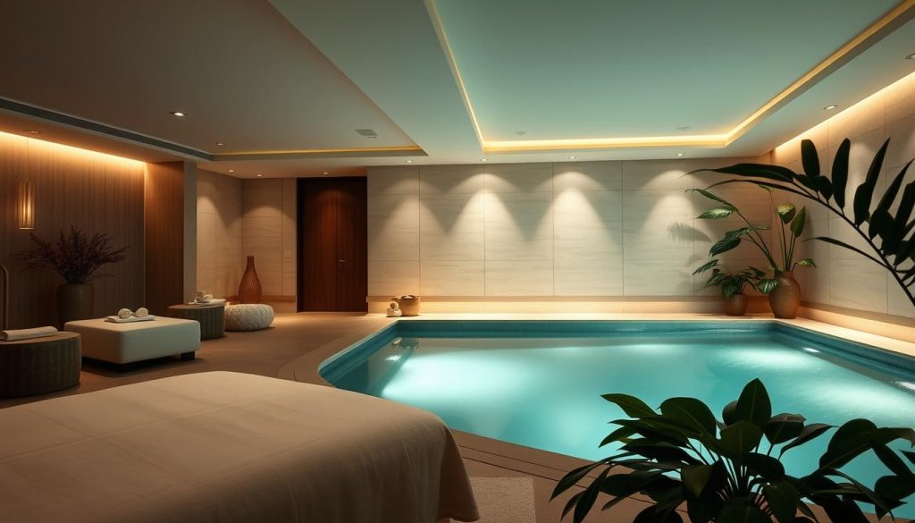A serene and elegant spa center, with a tranquil atmosphere and soothing natural elements. The foreground features a spacious, dimly lit massage room with plush, minimalist furnishings and calming lighting fixtures. In the middle ground, a luxurious hydrotherapy pool is surrounded by clean, tiled walls and lush, leafy plants, creating a sense of rejuvenation. The background showcases a harmonious blend of neutral tones, soft textures, and muted lighting, evoking a sense of relaxation and escape from the bustling city. The overall composition exudes a calming, high-end ambiance that invites the viewer to imagine the revitalizing experience of a spa and massage treatment. A serene and elegant spa center, with a tranquil atmosphere and soothing natural elements. The foreground features a spacious, dimly lit massage room with plush, minimalist furnishings and calming lighting fixtures. In the middle ground, a luxurious hydrotherapy pool is surrounded by clean, tiled walls and lush, leafy plants, creating a sense of rejuvenation. The background showcases a harmonious blend of neutral tones, soft textures, and muted lighting, evoking a sense of relaxation and escape from the bustling city. The overall composition exudes a calming, high-end ambiance that invites the viewer to imagine the revitalizing experience of a spa and massage treatment.
