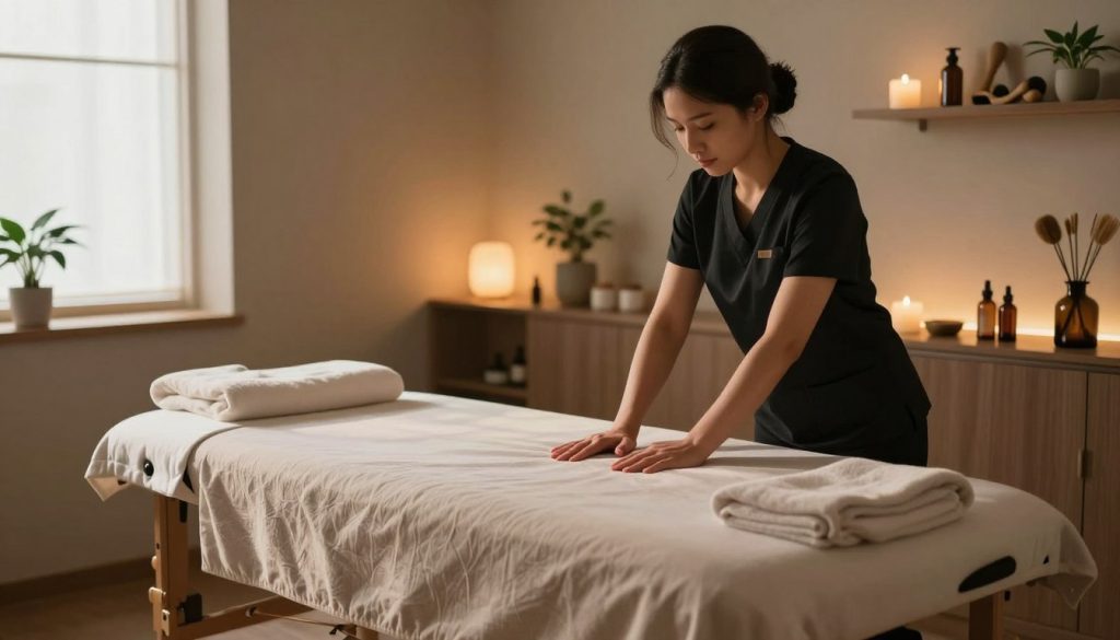 A serene and focused spa environment dedicated to sports massage, showcasing a massage therapy room. In the foreground, an elegantly arranged massage table with soft, neutral linens waits for a session, surrounded by calming elements like essential oils and towels. The middle ground features a soft ambient lighting setup, enhancing the warm atmosphere with a hint of natural light filtering in through a window, casting gentle shadows. In the background, shelves lined with various massage tools and plants create a soothing environment, emphasizing relaxation and performance enhancement. The overall mood should convey tranquility and professionalism, ideal for athletes seeking recovery and performance improvement, with no human presence to maintain focus on the serene setting. A serene and focused spa environment dedicated to sports massage, showcasing a massage therapy room. In the foreground, an elegantly arranged massage table with soft, neutral linens waits for a session, surrounded by calming elements like essential oils and towels. The middle ground features a soft ambient lighting setup, enhancing the warm atmosphere with a hint of natural light filtering in through a window, casting gentle shadows. In the background, shelves lined with various massage tools and plants create a soothing environment, emphasizing relaxation and performance enhancement. The overall mood should convey tranquility and professionalism, ideal for athletes seeking recovery and performance improvement, with no human presence to maintain focus on the serene setting.