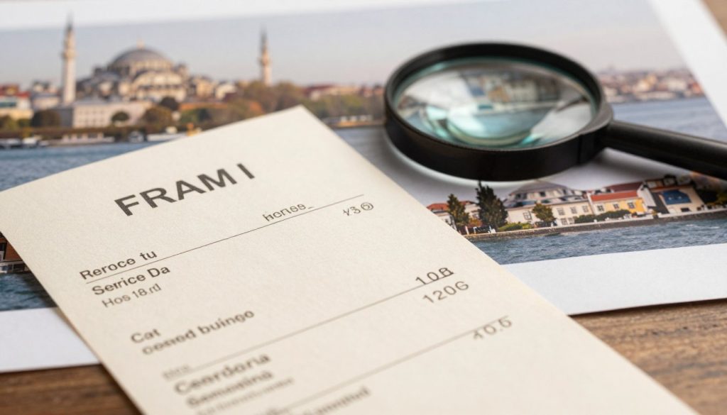A serene and informative composition highlighting a massage receipt alongside clear visuals representing fraud awareness in Turkey. In the foreground, a detailed close-up of a genuine massage receipt with identifiable elements, such as service date, type, and price, displayed prominently. The middle ground gently includes symbolic representations of fraud, like a magnifying glass examining the receipt, suggesting scrutiny and vigilance. In the background, softly blurred images of an Istanbul cityscape, emphasizing an urban setting. The lighting is soft and warm, creating a calm yet alert atmosphere, evoking a sense of caution and professionalism. The angle should be slightly tilted to enhance depth, directing focus toward the receipt while maintaining a balanced overall composition. A serene and informative composition highlighting a massage receipt alongside clear visuals representing fraud awareness in Turkey. In the foreground, a detailed close-up of a genuine massage receipt with identifiable elements, such as service date, type, and price, displayed prominently. The middle ground gently includes symbolic representations of fraud, like a magnifying glass examining the receipt, suggesting scrutiny and vigilance. In the background, softly blurred images of an Istanbul cityscape, emphasizing an urban setting. The lighting is soft and warm, creating a calm yet alert atmosphere, evoking a sense of caution and professionalism. The angle should be slightly tilted to enhance depth, directing focus toward the receipt while maintaining a balanced overall composition.
