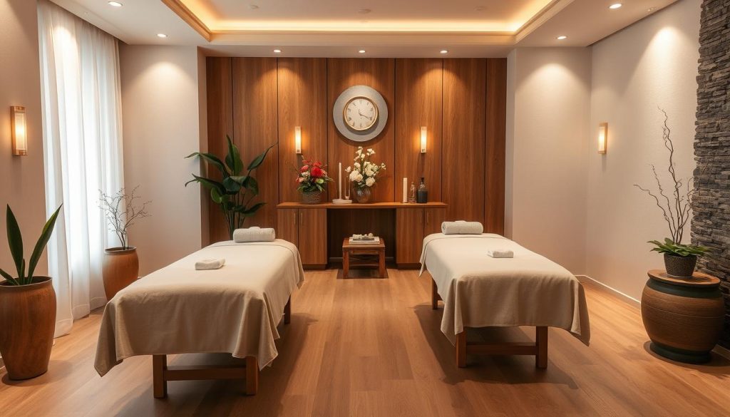 A serene and intimate boutique massage studio, with soft lighting and a warm, inviting atmosphere. Plush massage tables draped in high-quality linens occupy the center, surrounded by elegant wood and stone accents. Potted plants and delicate floral arrangements add a touch of nature, creating a sense of tranquility. The space exudes a personalized, bespoke experience, inviting the viewer to envision the skilled hands of experienced massage therapists tailoring their touch to individual needs. A serene and intimate boutique massage studio, with soft lighting and a warm, inviting atmosphere. Plush massage tables draped in high-quality linens occupy the center, surrounded by elegant wood and stone accents. Potted plants and delicate floral arrangements add a touch of nature, creating a sense of tranquility. The space exudes a personalized, bespoke experience, inviting the viewer to envision the skilled hands of experienced massage therapists tailoring their touch to individual needs.