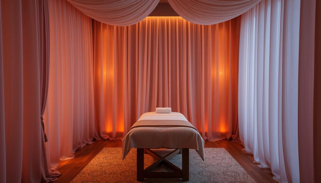 A serene and intimate massage studio, dimly lit with warm amber tones. Soft, draped fabrics create a cocooning atmosphere, while a single massage table stands in the center, adorned with luxurious linens. Gentle, therapeutic lighting casts a soothing glow, and the air is infused with the calming scent of essential oils. The scene exudes a sense of personalized attention and care, inviting the viewer to imagine the tailored experience of a bespoke massage, designed to address their individual needs and desires. A serene and intimate massage studio, dimly lit with warm amber tones. Soft, draped fabrics create a cocooning atmosphere, while a single massage table stands in the center, adorned with luxurious linens. Gentle, therapeutic lighting casts a soothing glow, and the air is infused with the calming scent of essential oils. The scene exudes a sense of personalized attention and care, inviting the viewer to imagine the tailored experience of a bespoke massage, designed to address their individual needs and desires.
