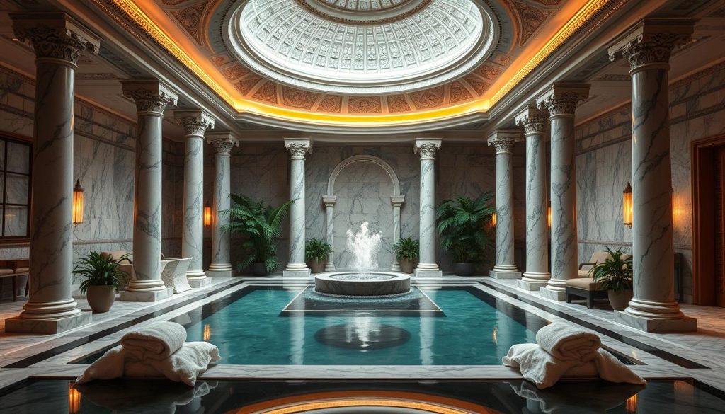 A serene and inviting Turkish bath (Türk hamamı) nestled in a luxurious spa setting. Warm, diffused lighting illuminates the ornate marble interiors, featuring elegant columns, intricate tilework, and a central domed ceiling. Lush greenery and soothing water features create a tranquil, rejuvenating atmosphere. Plush towels and robes beckon, inviting guests to indulge in a pampering spa experience. Soft, muted tones and a hazy, dreamlike quality evoke a sense of timelessness and relaxation. The scene exudes an air of opulence and well-being, capturing the essence of a transformative Turkish bath and spa treatment. A serene and inviting Turkish bath (Türk hamamı) nestled in a luxurious spa setting. Warm, diffused lighting illuminates the ornate marble interiors, featuring elegant columns, intricate tilework, and a central domed ceiling. Lush greenery and soothing water features create a tranquil, rejuvenating atmosphere. Plush towels and robes beckon, inviting guests to indulge in a pampering spa experience. Soft, muted tones and a hazy, dreamlike quality evoke a sense of timelessness and relaxation. The scene exudes an air of opulence and well-being, capturing the essence of a transformative Turkish bath and spa treatment.