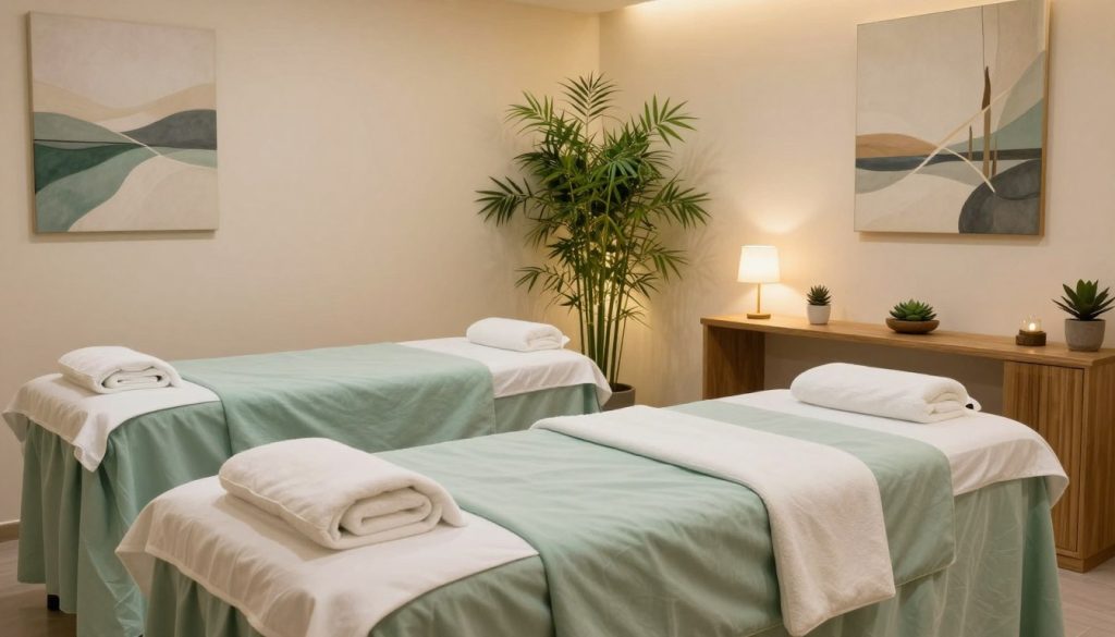 A serene and inviting boutique massage space in Ataşehir, showcasing a tranquil atmosphere. In the foreground, an elegantly arranged massage table with soft, luxurious linens in calming shades of pastel green. The middle of the image features stylish decor—natural wooden accents and soothing plants, such as bamboo and succulents, that enhance the relaxation theme. The walls are adorned with soft artwork depicting abstract nature scenes to promote a peaceful vibe. In the background, gentle ambient lighting casts a warm glow, illuminating the soft textures of the space. The overall mood is one of relaxation and rejuvenation, capturing the essence of a high-quality massage experience in a stylish, boutique setting. A serene and inviting boutique massage space in Ataşehir, showcasing a tranquil atmosphere. In the foreground, an elegantly arranged massage table with soft, luxurious linens in calming shades of pastel green. The middle of the image features stylish decor—natural wooden accents and soothing plants, such as bamboo and succulents, that enhance the relaxation theme. The walls are adorned with soft artwork depicting abstract nature scenes to promote a peaceful vibe. In the background, gentle ambient lighting casts a warm glow, illuminating the soft textures of the space. The overall mood is one of relaxation and rejuvenation, capturing the essence of a high-quality massage experience in a stylish, boutique setting.
