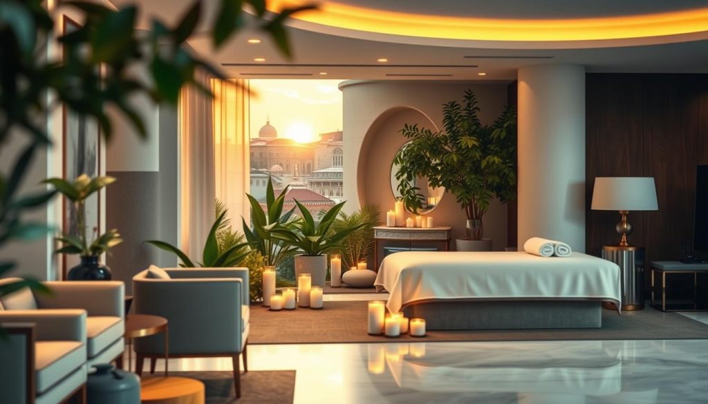 A serene and inviting depiction of the Herzamanmasaj İstanbul location. In the foreground, a beautifully arranged reception area with elegant decoration, featuring comfortable seating and soft, ambient lighting. In the middle, showcase a calming treatment room with lush greenery, aromatic candles, and soothing colors, evoking a sense of tranquility. In the background, incorporate hints of Istanbul architecture, with gentle curves and traditional elements, framed by a warm golden sunset. The overall mood should be peaceful and welcoming, inviting viewers to relax and unwind. Lighting is soft and diffused, reminiscent of a serene spa atmosphere, and the angle emphasizes the depth of the space while highlighting the details in the interior. A serene and inviting depiction of the Herzamanmasaj İstanbul location. In the foreground, a beautifully arranged reception area with elegant decoration, featuring comfortable seating and soft, ambient lighting. In the middle, showcase a calming treatment room with lush greenery, aromatic candles, and soothing colors, evoking a sense of tranquility. In the background, incorporate hints of Istanbul architecture, with gentle curves and traditional elements, framed by a warm golden sunset. The overall mood should be peaceful and welcoming, inviting viewers to relax and unwind. Lighting is soft and diffused, reminiscent of a serene spa atmosphere, and the angle emphasizes the depth of the space while highlighting the details in the interior.