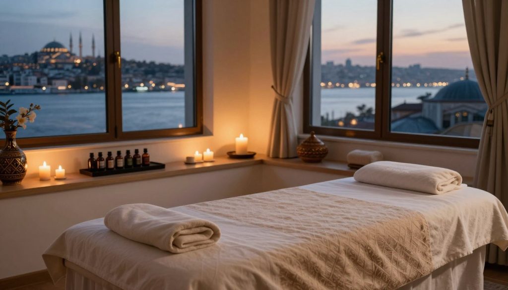 A serene and inviting home massage setting in Istanbul, showcasing a beautifully arranged space. In the foreground, a massage table with soft, luxurious linens, surrounded by aromatic candles and essential oils, creating a calming atmosphere. The middle layer features elegant décor with traditional Turkish motifs and soft ambient lighting that enhances warmth and relaxation. In the background, large windows reveal a glimpse of the iconic Istanbul skyline at dusk, with the Bosphorus shimmering. The overall mood is tranquil and soothing, perfect for a concierge-style massage experience. Emphasize a harmonious blend of modern comfort and classic Istanbul charm, with a focus on serenity and relaxation. A serene and inviting home massage setting in Istanbul, showcasing a beautifully arranged space. In the foreground, a massage table with soft, luxurious linens, surrounded by aromatic candles and essential oils, creating a calming atmosphere. The middle layer features elegant décor with traditional Turkish motifs and soft ambient lighting that enhances warmth and relaxation. In the background, large windows reveal a glimpse of the iconic Istanbul skyline at dusk, with the Bosphorus shimmering. The overall mood is tranquil and soothing, perfect for a concierge-style massage experience. Emphasize a harmonious blend of modern comfort and classic Istanbul charm, with a focus on serenity and relaxation.