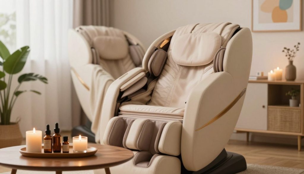 A serene and inviting home setting focused on a plush, elegantly designed massage chair in a softly lit room. In the foreground, a set of well-organized massage oils and aromatic candles on a stylish wooden table, suggesting a calming atmosphere. The middle ground showcases the chair, adorned with cozy throw pillows and soft blankets, surrounded by subtle indoor plants to enhance tranquility. The warm lighting creates a peaceful ambiance, emphasizing relaxation and comfort. The background features gently blurred colorful artwork on the walls, enhancing the inviting atmosphere without distractions. The overall mood is soothing and professional, emphasizing the theme of safe, effective at-home massage practice. A serene and inviting home setting focused on a plush, elegantly designed massage chair in a softly lit room. In the foreground, a set of well-organized massage oils and aromatic candles on a stylish wooden table, suggesting a calming atmosphere. The middle ground showcases the chair, adorned with cozy throw pillows and soft blankets, surrounded by subtle indoor plants to enhance tranquility. The warm lighting creates a peaceful ambiance, emphasizing relaxation and comfort. The background features gently blurred colorful artwork on the walls, enhancing the inviting atmosphere without distractions. The overall mood is soothing and professional, emphasizing the theme of safe, effective at-home massage practice.