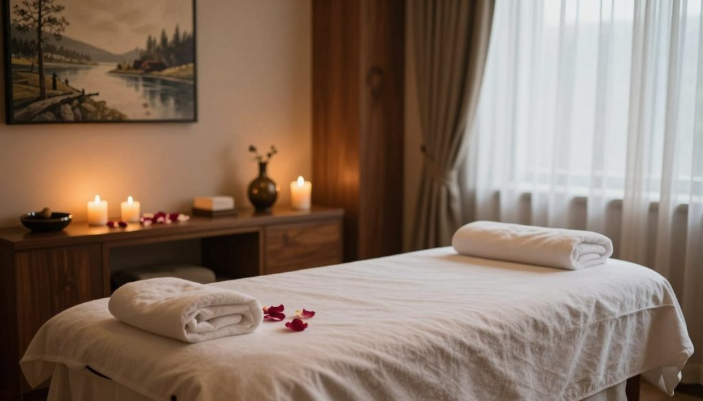 A serene and inviting massage room in a luxurious Istanbul spa setting. In the foreground, a plush, softly lit massage table adorned with aromatic candles and gentle petals, creating an atmosphere of calm and trust. The middle ground features elegant décor, including warm wooden accents and soothing artwork depicting natural landscapes, fostering a sense of security. The background showcases softly flowing curtains that diffuse natural light, enhancing the peaceful ambiance. The overall lighting is warm and inviting, creating a serene mood that emphasizes comfort and confidence. No humans are present; the focus is on the tranquil environment, embodying the essence of trust in a massage experience. A serene and inviting massage room in a luxurious Istanbul spa setting. In the foreground, a plush, softly lit massage table adorned with aromatic candles and gentle petals, creating an atmosphere of calm and trust. The middle ground features elegant décor, including warm wooden accents and soothing artwork depicting natural landscapes, fostering a sense of security. The background showcases softly flowing curtains that diffuse natural light, enhancing the peaceful ambiance. The overall lighting is warm and inviting, creating a serene mood that emphasizes comfort and confidence. No humans are present; the focus is on the tranquil environment, embodying the essence of trust in a massage experience.