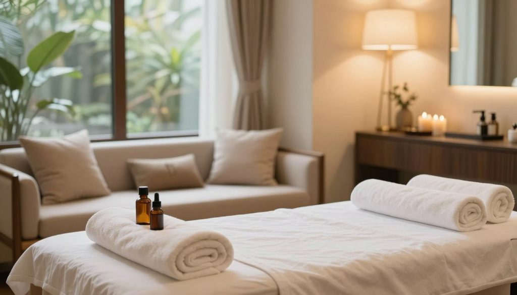 A serene and inviting massage salon interior, emphasizing transparency and high service quality. The foreground features a neatly arranged massage table adorned with fresh towels and aromatic oils, conveying a sense of cleanliness and professionalism. In the middle ground, a cozy seating area with elegant decor, soft cushions, and a tranquil ambiance, highlighted by subtle, warm lighting that creates a calming atmosphere. The background showcases large windows allowing natural light to stream in, illuminating peaceful greenery outside. The overall mood is relaxing and harmonious, encapsulating the essence of a high-quality massage experience. The composition should be inviting and soothing, with no human subjects present, ensuring a focus on the salon's environment. A serene and inviting massage salon interior, emphasizing transparency and high service quality. The foreground features a neatly arranged massage table adorned with fresh towels and aromatic oils, conveying a sense of cleanliness and professionalism. In the middle ground, a cozy seating area with elegant decor, soft cushions, and a tranquil ambiance, highlighted by subtle, warm lighting that creates a calming atmosphere. The background showcases large windows allowing natural light to stream in, illuminating peaceful greenery outside. The overall mood is relaxing and harmonious, encapsulating the essence of a high-quality massage experience. The composition should be inviting and soothing, with no human subjects present, ensuring a focus on the salon's environment.