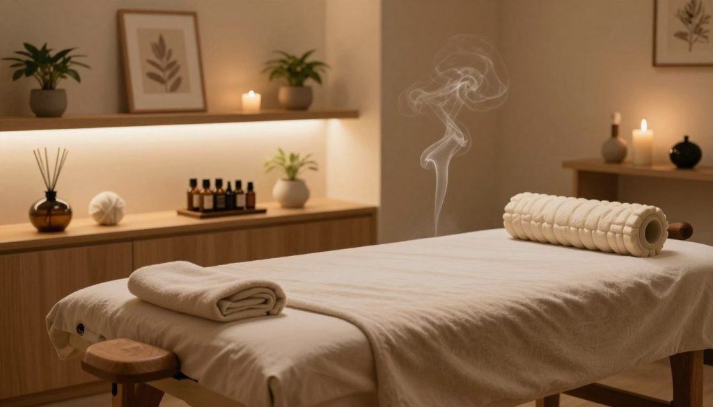 A serene and inviting massage therapy room designed for deep tissue massage. In the foreground, a professional massage table made of natural wood, adorned with soft, neutral-colored sheets and a tranquil aroma diffuser emitting gentle wisps of essential oil vapors. In the middle, an essential oil collection on a small wooden shelf, along with massage tools such as a foam roller and massage balls, suggesting a focus on relieving chronic muscle tension. In the background, softly lit shelves carry potted plants and soothing artwork, enhancing the calming atmosphere. The lighting is warm and dim, creating a peaceful and restorative ambiance that signifies relaxation and healing. The overall mood is tranquil and rejuvenating, inviting the viewer to envision a therapeutic escape. A serene and inviting massage therapy room designed for deep tissue massage. In the foreground, a professional massage table made of natural wood, adorned with soft, neutral-colored sheets and a tranquil aroma diffuser emitting gentle wisps of essential oil vapors. In the middle, an essential oil collection on a small wooden shelf, along with massage tools such as a foam roller and massage balls, suggesting a focus on relieving chronic muscle tension. In the background, softly lit shelves carry potted plants and soothing artwork, enhancing the calming atmosphere. The lighting is warm and dim, creating a peaceful and restorative ambiance that signifies relaxation and healing. The overall mood is tranquil and rejuvenating, inviting the viewer to envision a therapeutic escape.