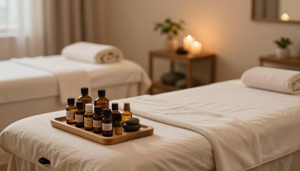 A serene and inviting massage therapy room, featuring a comfortable massage table adorned with soft, neutral-toned linens. In the foreground, a skillfully arranged selection of essential oils and tools on a wooden shelf, emphasizing various specialties, such as aromatherapy, deep tissue, and sports massage. The middle ground showcases calming elements like rocks, candles, and soothing plants to enhance relaxation. In the background, soft ambient lighting casts a warm glow throughout the room, creating a tranquil atmosphere. The overall mood is peaceful and professional, reflecting the expertise and specialization of professional massage therapists without any human presence. The image conveys a sense of trust and comfort, ideal for illustrating the expertise in massage therapy. A serene and inviting massage therapy room, featuring a comfortable massage table adorned with soft, neutral-toned linens. In the foreground, a skillfully arranged selection of essential oils and tools on a wooden shelf, emphasizing various specialties, such as aromatherapy, deep tissue, and sports massage. The middle ground showcases calming elements like rocks, candles, and soothing plants to enhance relaxation. In the background, soft ambient lighting casts a warm glow throughout the room, creating a tranquil atmosphere. The overall mood is peaceful and professional, reflecting the expertise and specialization of professional massage therapists without any human presence. The image conveys a sense of trust and comfort, ideal for illustrating the expertise in massage therapy.