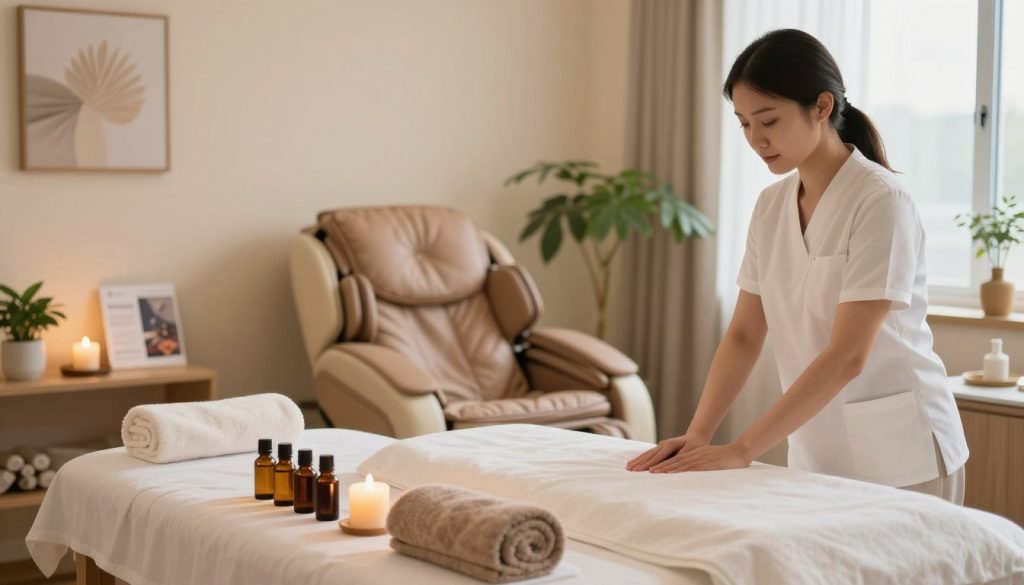 A serene and inviting massage therapy room, focused on the preparation process for selecting the right massage therapist. In the foreground, a neatly arranged table with essential oils, fresh towels, and soothing candles. The middle features a comfortable massage chair, surrounded by a few wellness brochures and a potted plant for a touch of nature. In the background, soft ambient lighting illuminates the space, creating a calming atmosphere. The walls are adorned with calming artwork, and there is a window letting in gentle natural light. The overall mood conveys tranquility, professionalism, and a focus on personal well-being, representing the importance of preparing for a massage therapist consultation. A serene and inviting massage therapy room, focused on the preparation process for selecting the right massage therapist. In the foreground, a neatly arranged table with essential oils, fresh towels, and soothing candles. The middle features a comfortable massage chair, surrounded by a few wellness brochures and a potted plant for a touch of nature. In the background, soft ambient lighting illuminates the space, creating a calming atmosphere. The walls are adorned with calming artwork, and there is a window letting in gentle natural light. The overall mood conveys tranquility, professionalism, and a focus on personal well-being, representing the importance of preparing for a massage therapist consultation.