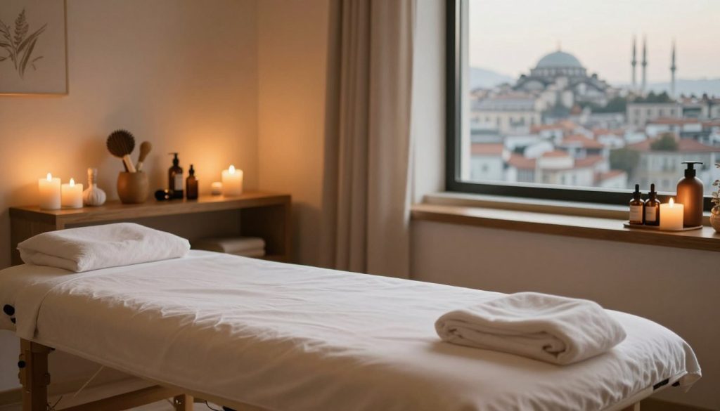 A serene and inviting massage therapy room in Istanbul, showcasing an elegant ambiance. In the foreground, a massage table is neatly made with soft, luxurious linens. Decorative elements such as scented candles and essential oil bottles create a calming atmosphere. In the middle, a wooden shelf displays various massage tools and products, emphasizing quality and value. The background features warm lighting that casts a soothing glow, a subtle view of Istanbul's skyline through a large window, highlighting the city's charm. The overall mood is tranquil and professional, perfect for conveying the idea of pricing and value proposition in a massage service context. No human figures present, ensuring focus on the environment and its elements. A serene and inviting massage therapy room in Istanbul, showcasing an elegant ambiance. In the foreground, a massage table is neatly made with soft, luxurious linens. Decorative elements such as scented candles and essential oil bottles create a calming atmosphere. In the middle, a wooden shelf displays various massage tools and products, emphasizing quality and value. The background features warm lighting that casts a soothing glow, a subtle view of Istanbul's skyline through a large window, highlighting the city's charm. The overall mood is tranquil and professional, perfect for conveying the idea of pricing and value proposition in a massage service context. No human figures present, ensuring focus on the environment and its elements.