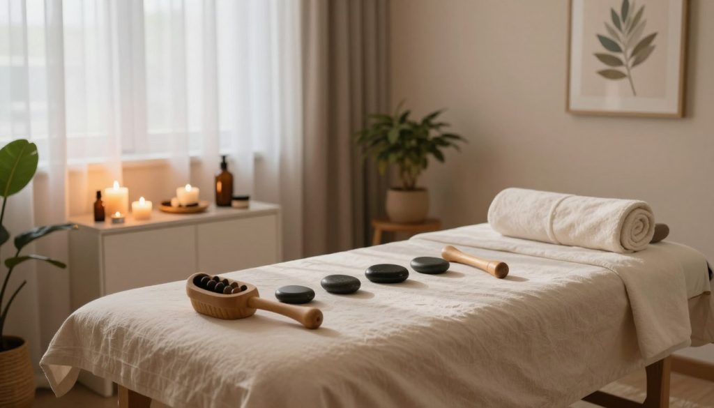 A serene and inviting massage therapy room in a Şişli salon, showcasing an array of popular massage tools and elements. In the foreground, a plush massage table draped with soft, natural-colored linens, surrounded by calming aromatherapy candles and relaxing essential oils. The middle ground features a variety of massage accessories, such as smooth stones, wooden massage tools, and rolled towels, indicating different types of massages like Swedish, deep tissue, and aromatherapy. In the background, softly glowing light filters through sheer curtains, casting gentle shadows, and creating a tranquil atmosphere. The room is decorated with calming artwork and indoor plants, contributing to a peaceful ambiance. Soft, warm lighting enhances the sense of relaxation and comfort.