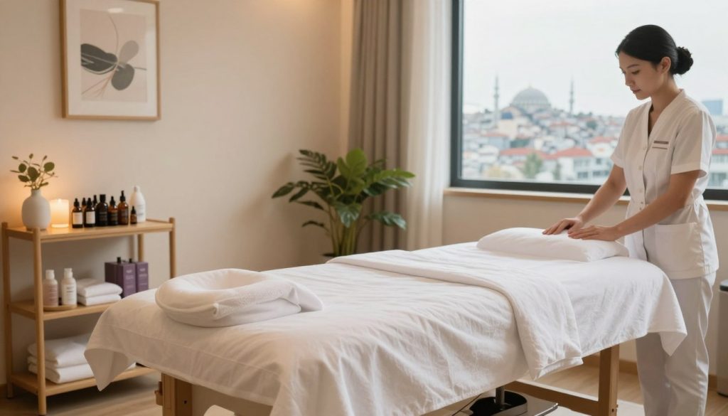 A serene and inviting massage therapy room, showcasing strict hygiene and personnel standards. In the foreground, a neatly arranged massage table draped with clean, crisp linens. On a nearby shelf, organized essential oil bottles and skincare products hint at quality service. The middle ground features a soothing ambiance with soft lighting and calming decor, like plants and art reflecting relaxation. In the background, an open window reveals a glimpse of the vibrant Istanbul skyline, conveying professionalism and tranquility. The scene captures a sense of well-being and attention to detail, emphasizing the importance of quality standards in massage services. The color palette is warm and soothing, with soft light creating a peaceful atmosphere. A serene and inviting massage therapy room, showcasing strict hygiene and personnel standards. In the foreground, a neatly arranged massage table draped with clean, crisp linens. On a nearby shelf, organized essential oil bottles and skincare products hint at quality service. The middle ground features a soothing ambiance with soft lighting and calming decor, like plants and art reflecting relaxation. In the background, an open window reveals a glimpse of the vibrant Istanbul skyline, conveying professionalism and tranquility. The scene captures a sense of well-being and attention to detail, emphasizing the importance of quality standards in massage services. The color palette is warm and soothing, with soft light creating a peaceful atmosphere.