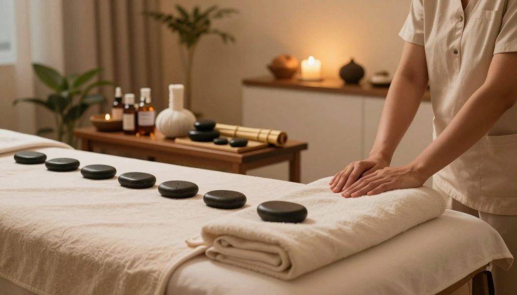A serene and inviting massage therapy setting, showcasing various types of massage techniques. In the foreground, a beautifully arranged massage table with soft linens and a selection of professional massage oils. In the middle, a display of calming tools like stones for hot stone therapy and bamboo sticks for Thai massage, artistically placed on a wooden surface. The background features a softly lit room with calming colors, indoor plants, and soothing decor elements, enhancing the relaxing atmosphere. Use warm lighting to create a peaceful ambiance, and an angle that captures the essence of a tranquil spa environment. The image conveys a sense of relaxation and professionalism, suitable for illustrating diversity in massage techniques and their applications. A serene and inviting massage therapy setting, showcasing various types of massage techniques. In the foreground, a beautifully arranged massage table with soft linens and a selection of professional massage oils. In the middle, a display of calming tools like stones for hot stone therapy and bamboo sticks for Thai massage, artistically placed on a wooden surface. The background features a softly lit room with calming colors, indoor plants, and soothing decor elements, enhancing the relaxing atmosphere. Use warm lighting to create a peaceful ambiance, and an angle that captures the essence of a tranquil spa environment. The image conveys a sense of relaxation and professionalism, suitable for illustrating diversity in massage techniques and their applications.