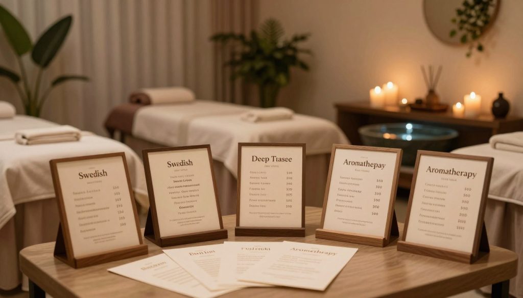 A serene and inviting spa environment showcasing a variety of massage prices and packages displayed artistically. In the foreground, a beautifully arranged table featuring elegant price cards for different massage types, such as Swedish, deep tissue, and aromatherapy, each with varying durations. The middle ground displays a soothing massage room with soft, ambient lighting, candles flickering gently, and calming decor, evoking a peaceful atmosphere. The background features lush indoor plants and a tranquil water feature, enhancing the soothing ambiance. The overall color scheme should be warm and inviting, with soft earth tones and subtle lighting to reflect relaxation and luxury. The image must convey a sense of professionalism and tranquility, ideal for showcasing massage services in Istanbul. A serene and inviting spa environment showcasing a variety of massage prices and packages displayed artistically. In the foreground, a beautifully arranged table featuring elegant price cards for different massage types, such as Swedish, deep tissue, and aromatherapy, each with varying durations. The middle ground displays a soothing massage room with soft, ambient lighting, candles flickering gently, and calming decor, evoking a peaceful atmosphere. The background features lush indoor plants and a tranquil water feature, enhancing the soothing ambiance. The overall color scheme should be warm and inviting, with soft earth tones and subtle lighting to reflect relaxation and luxury. The image must convey a sense of professionalism and tranquility, ideal for showcasing massage services in Istanbul.