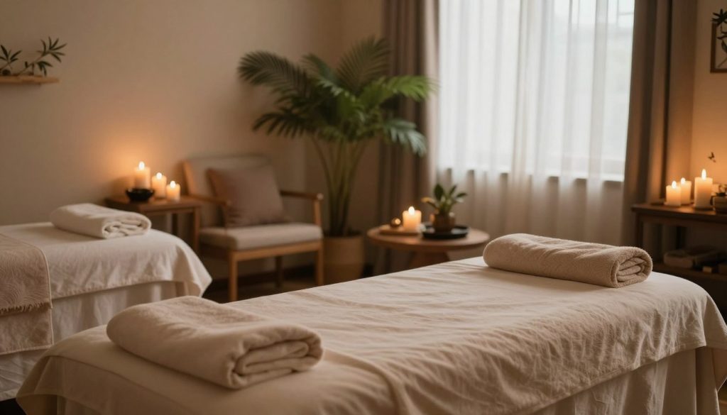 A serene and inviting spa environment showcasing a variety of massage therapy settings. In the foreground, a beautifully arranged massage table with soft, plush linens and aromatherapy candles gently flickering. In the middle, a tranquil room featuring comfortable seating, lush plants, and calming decorative elements such as bamboo and soft textiles. The background presents a softly lit window with sheer curtains, filtering in natural light to create a warm and soothing ambiance. The overall mood is peaceful and relaxing, evoking a sense of comfort and escape. The image should have a warm color palette, with soft shadows enhancing the serene atmosphere. No humans or text present. A serene and inviting spa environment showcasing a variety of massage therapy settings. In the foreground, a beautifully arranged massage table with soft, plush linens and aromatherapy candles gently flickering. In the middle, a tranquil room featuring comfortable seating, lush plants, and calming decorative elements such as bamboo and soft textiles. The background presents a softly lit window with sheer curtains, filtering in natural light to create a warm and soothing ambiance. The overall mood is peaceful and relaxing, evoking a sense of comfort and escape. The image should have a warm color palette, with soft shadows enhancing the serene atmosphere. No humans or text present.