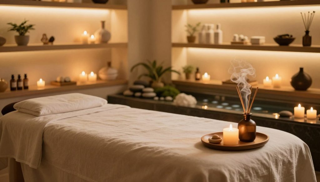A serene and inviting spa environment showcasing various elements of customer experiences in massage services. In the foreground, an elegant massage table draped with soft linens, surrounded by flickering candles and essential oil diffusers emitting gentle vapor. In the middle ground, a tranquil water feature that enhances the ambiance, with pebbles and subtle greenery. The background presents softly lit shelves featuring various massage products and soothing décor, such as potted plants and calming artifacts. The warm, golden lighting creates a peaceful and relaxing atmosphere, evoking feelings of tranquility and rejuvenation. The scene captures the essence of customer satisfaction and relaxation without any human presence, focusing solely on the inviting spa environment. A serene and inviting spa environment showcasing various elements of customer experiences in massage services. In the foreground, an elegant massage table draped with soft linens, surrounded by flickering candles and essential oil diffusers emitting gentle vapor. In the middle ground, a tranquil water feature that enhances the ambiance, with pebbles and subtle greenery. The background presents softly lit shelves featuring various massage products and soothing décor, such as potted plants and calming artifacts. The warm, golden lighting creates a peaceful and relaxing atmosphere, evoking feelings of tranquility and rejuvenation. The scene captures the essence of customer satisfaction and relaxation without any human presence, focusing solely on the inviting spa environment.