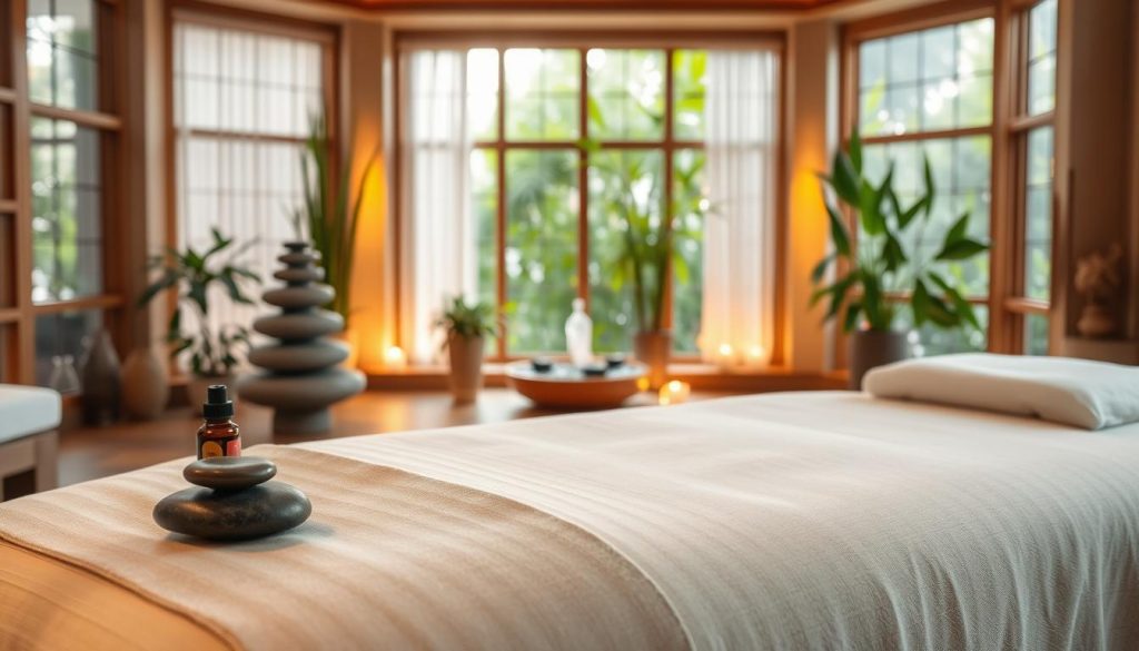 A serene and inviting spa environment showcasing various types of massage experiences. In the foreground, a beautifully arranged massage table adorned with soft, neutral-toned linens, surrounded by essential oil bottles and smooth stones for hot stone therapy. In the middle, a soothing indoor scene featuring delicate Thai and Swedish massage elements, such as a calm water fountain and bamboo plants, creating a tranquil atmosphere. In the background, soft ambient lighting casts a warm glow, with lush greenery visible through large windows, enhancing the sense of relaxation. The overall mood is peaceful and rejuvenating, evoking a blend of tradition and modernity in the art of massage. A serene and inviting spa environment showcasing various types of massage experiences. In the foreground, a beautifully arranged massage table adorned with soft, neutral-toned linens, surrounded by essential oil bottles and smooth stones for hot stone therapy. In the middle, a soothing indoor scene featuring delicate Thai and Swedish massage elements, such as a calm water fountain and bamboo plants, creating a tranquil atmosphere. In the background, soft ambient lighting casts a warm glow, with lush greenery visible through large windows, enhancing the sense of relaxation. The overall mood is peaceful and rejuvenating, evoking a blend of tradition and modernity in the art of massage.